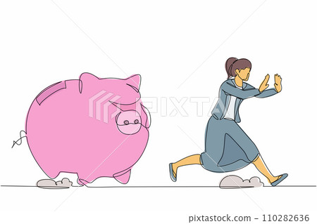 Single one line drawing scared businesswoman being chased by piggy bank. Female manager in financial crisis, economic disaster. Minimal metaphor. Continuous line design graphic vector illustration 110282636