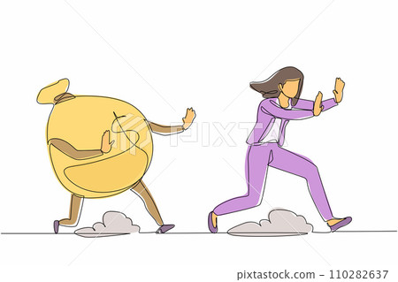 Continuous one line drawing scared businesswoman being chased by money bag. Female manager failed achieving goals and profit, running out for money. Single line draw design vector graphic illustration 110282637