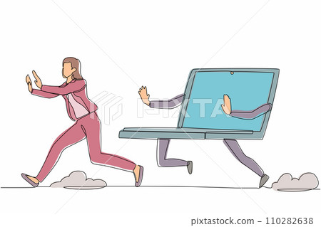 Single continuous line drawing scared businesswoman being chased by laptop. Female manager in office who has deadlines and project tasks that are constantly. One line draw design vector illustration 110282638