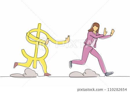 Continuous one line drawing scared businesswoman being chased by dollar symbol. Employee losing her money. Financial crisis. Minimalist metaphor. Single line draw design vector graphic illustration 110282654