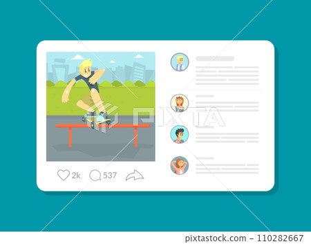Social Media Profile Page with Teenage Boy Riding Skateboard Vector Illustration 110282667