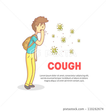 Cough Banner with Space for Text, Teenage Boy Coughing with Fist in Front of His Mouth Vector Illustration Cough Banner with Space for Text, Teenage Boy Coughing with Fist in Front of His Mouth Vector Illustration 110282674