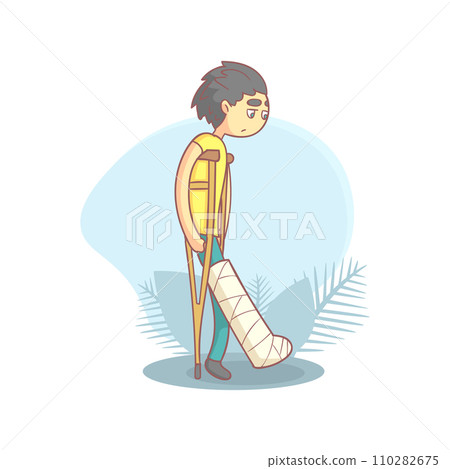 Teenage Boy Walking on Crutches with Broken Leg, Unhappy Injured Boy Character Vector Illustration 110282675