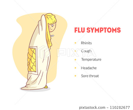 Flu Symptoms Banner Template, Unhealthy Boy Wrapping In a Blanket with Temperature, Headache, Rhinitis Vector Illustration 110282677