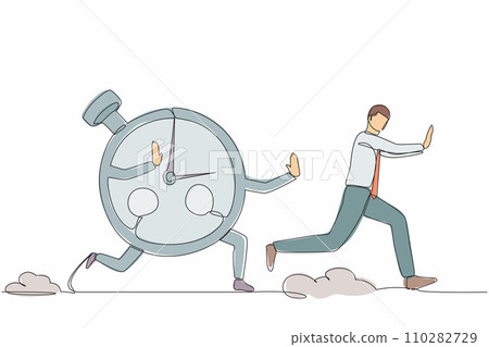 Single continuous line drawing stressed businessman being chased by stopwatch. Manager chased by measurement, time management, effective planning concept. One line graphic design vector illustration Single continuous line drawing stressed businessman being chased by stopwatch. Manager chased by measurement, time management, effective planning concept. One line graphic design vector illustration 110282729