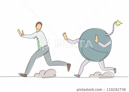 Single one line drawing stressed businessman being chased by bomb. Manager run to avoid financial problems, taxation burden or business debt, deadline. Continuous line draw design vector illustration 110282736
