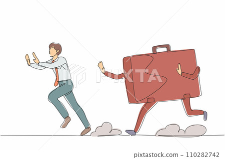 Single one line drawing stressed businessman being chased by briefcase. Chased by high performance active work or project. Minimal metaphor concept. Continuous line design graphic vector illustration 110282742