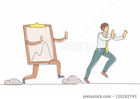 Continuous one line drawing stressed businessman being chased by clipboard. Male employee in deadline checklist application paper sheets document. Single line draw design vector graphic illustration 110282743