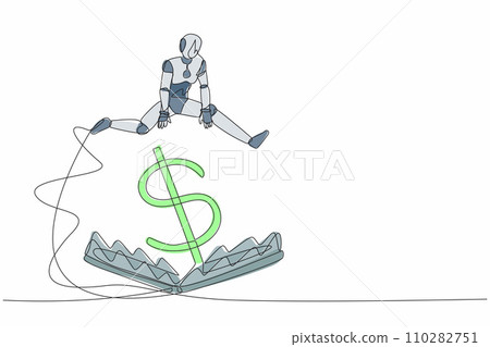 Continuous one line drawing robot jumping over money pitfall with big money dollar symbol. Financial money trap. Humanoid future robot cybernetic organism. Single line draw design vector illustration Continuous one line drawing robot jumping over money pitfall with big money dollar symbol. Financial money trap. Humanoid future robot cybernetic organism. Single line draw design vector illustration 110282751