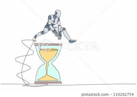 Single continuous line drawing robot jumping over hourglass. Business scheduling and time management concept. Modern robotic artificial intelligence. One line draw graphic design vector illustration 110282754