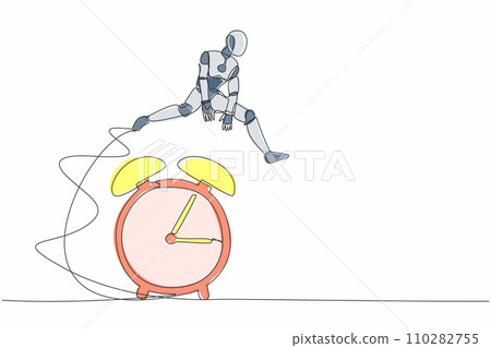 Continuous one line drawing robot jump over alarm clock. Business deadline, working time efficiency. Robot cybernetic organism. Future robotic development. Single line draw design vector illustration 110282755