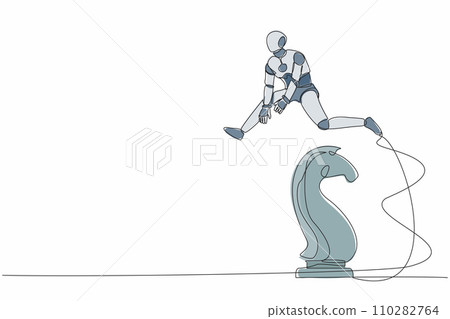 Continuous one line drawing robot jumping over chess horse knight. Brain intelligence sport, tactical movement idea. Future robotic cybernetic development. Single line draw design vector illustration 110282764