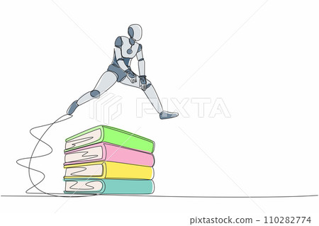 Single one line drawing robot jumping over pile of big binders. Stack of paper work document. Information classification. Future technology development. Continuous line draw design vector illustration 110282774