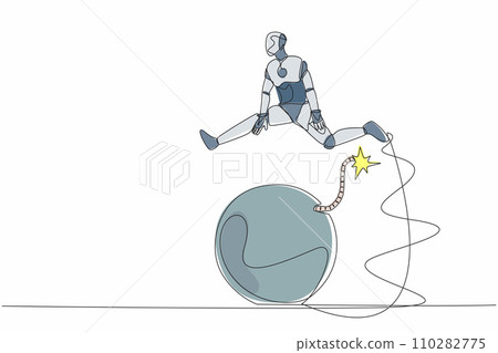Continuous one line drawing robot jumping over bomb. Explosion of the economic crisis. Increasing unemployment. Humanoid robot cybernetic organism. Single line draw design vector graphic illustration Continuous one line drawing robot jumping over bomb. Explosion of the economic crisis. Increasing unemployment. Humanoid robot cybernetic organism. Single line draw design vector graphic illustration 110282775