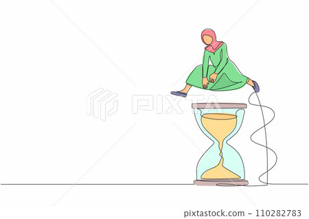 Single one line drawing Arabian businesswoman jump over hourglass. Deadline or working time efficiency. Business scheduling. Time management. Modern continuous line design graphic vector illustration 110282783