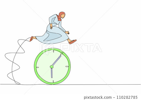 Continuous one line drawing Arabian businesswoman jump over time passing clock. Task planning, work effectiveness. Good time management, scheduling. Single line draw design vector graphic illustration Continuous one line drawing Arabian businesswoman jump over time passing clock. Task planning, work effectiveness. Good time management, scheduling. Single line draw design vector graphic illustration 110282785