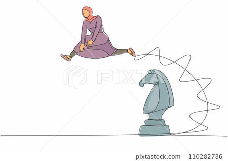 Single continuous line drawing Arab businesswoman jump over chess horse knight. Intelligence sport, tactical movement idea. Strategy move in business. One line draw graphic design vector illustration Single continuous line drawing Arab businesswoman jump over chess horse knight. Intelligence sport, tactical movement idea. Strategy move in business. One line draw graphic design vector illustration 110282786