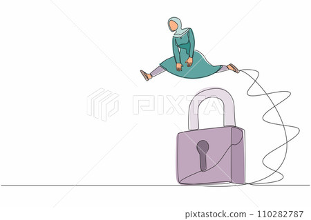 Single one line drawing active Arab businesswoman jumping big padlock. Business protection security. Professional solutions, success key. Modern continuous line draw design graphic vector illustration Single one line drawing active Arab businesswoman jumping big padlock. Business protection security. Professional solutions, success key. Modern continuous line draw design graphic vector illustration 110282787