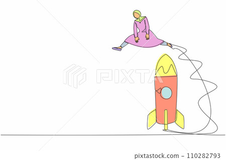 Single one line drawing Arab businesswoman jumping over big rocket. Successful startup launch preparation. Space rocket ready to fly. Business project. Continuous line draw design vector illustration Single one line drawing Arab businesswoman jumping over big rocket. Successful startup launch preparation. Space rocket ready to fly. Business project. Continuous line draw design vector illustration 110282793