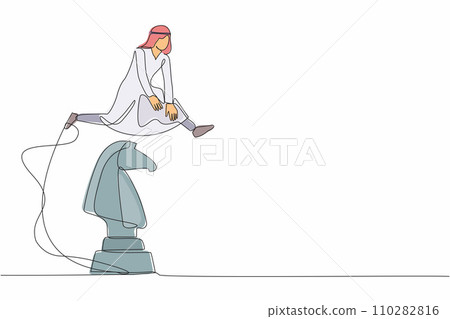 Single continuous line drawing Arab businessman jumping over big chess knight. Strategic intelligence in business movement. Tactic strategy thinking. One line draw graphic design vector illustration Single continuous line drawing Arab businessman jumping over big chess knight. Strategic intelligence in business movement. Tactic strategy thinking. One line draw graphic design vector illustration 110282816