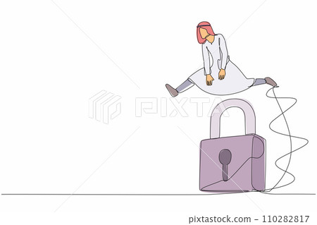 Single continuous line drawing Arab businessman jumping over big lock. Unlock business opportunity secret. Solve business problem, professional solutions. One line graphic design vector illustration Single continuous line drawing Arab businessman jumping over big lock. Unlock business opportunity secret. Solve business problem, professional solutions. One line graphic design vector illustration 110282817