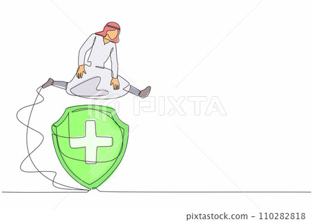 Single one line drawing Arabian businessman jumping over big shield. Financial insurance for future protection. Fund safety, bank deposit assurance. Continuous line design graphic vector illustration Single one line drawing Arabian businessman jumping over big shield. Financial insurance for future protection. Fund safety, bank deposit assurance. Continuous line design graphic vector illustration 110282818
