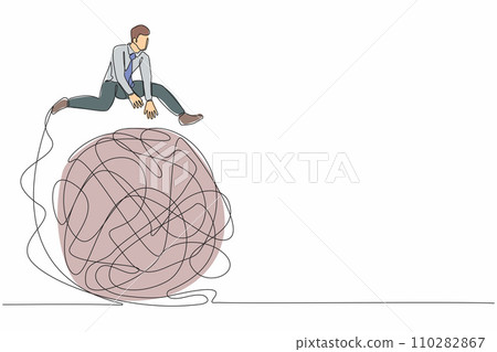 Continuous one line drawing businessman jumping over tangled scribble. Solution looking for complicated problem. Looking for ways to success business. Single line design vector graphic illustration Continuous one line drawing businessman jumping over tangled scribble. Solution looking for complicated problem. Looking for ways to success business. Single line design vector graphic illustration 110282867