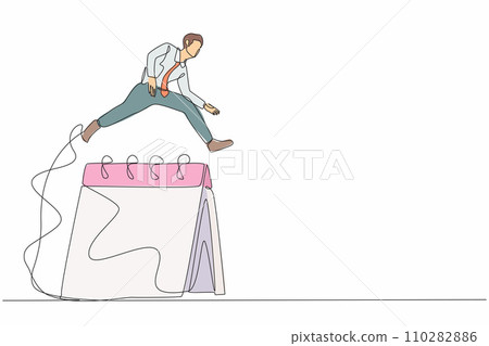 Single continuous line drawing businessman jumping over big calendar. Executive manager scheduling staff meeting, planning month work in desk calendar. One line draw graphic design vector illustration 110282886
