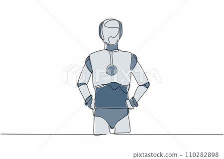 Continuous one line drawing robot standing and holding hand on hip. Confidence cyborg. Humanoid robot cybernetic organism. Future robotic development. Single line design vector graphic illustration Continuous one line drawing robot standing and holding hand on hip. Confidence cyborg. Humanoid robot cybernetic organism. Future robotic development. Single line design vector graphic illustration 110282898