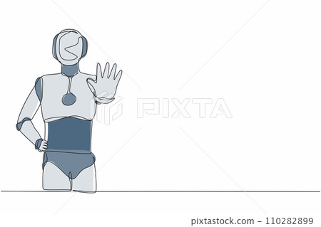 Single one line drawing robot standing with palm as stop signal, stay, hold, rejection gesture. Future technology development. Artificial intelligence. Continuous line draw design vector illustration Single one line drawing robot standing with palm as stop signal, stay, hold, rejection gesture. Future technology development. Artificial intelligence. Continuous line draw design vector illustration 110282899