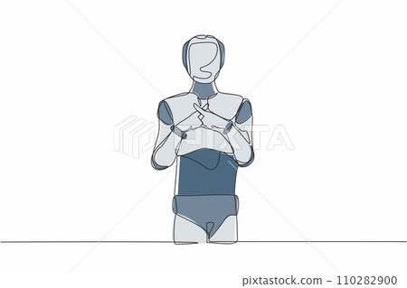 Continuous one line drawing robot standing with crossing fingers forming x. Banned. Say no. Humanoid robot cybernetic organism. Future robotic development. Single line draw design vector illustration Continuous one line drawing robot standing with crossing fingers forming x. Banned. Say no. Humanoid robot cybernetic organism. Future robotic development. Single line draw design vector illustration 110282900