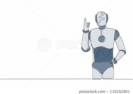 Single one line drawing robot standing with finger index up gesture. Emotion and body language. Artificial intelligence and machine learning processes. Continuous line draw design vector illustration Single one line drawing robot standing with finger index up gesture. Emotion and body language. Artificial intelligence and machine learning processes. Continuous line draw design vector illustration 110282901