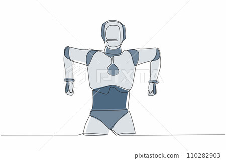 Continuous one line drawing robot standing with angry gesture. Emotional in rage. Feeling anger. Humanoid cybernetic organism. Future robotic development. Single line draw design vector illustration Continuous one line drawing robot standing with angry gesture. Emotional in rage. Feeling anger. Humanoid cybernetic organism. Future robotic development. Single line draw design vector illustration 110282903