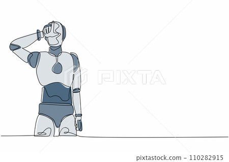 Continuous one line drawing robot standing with making 'L' symbol, showing loser sign on forehead with fingers. Future humanoid robotic development. Single line draw design vector graphic illustration Continuous one line drawing robot standing with making 'L' symbol, showing loser sign on forehead with fingers. Future humanoid robotic development. Single line draw design vector graphic illustration 110282915