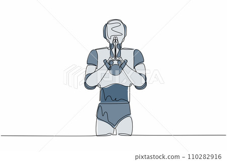 Single continuous line drawing robot standing with holding palms in prayer. Robot emotion, body language gesture. Modern robotic artificial intelligence. One line graphic design vector illustration 110282916