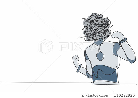 Single continuous line drawing robot with round scribbles instead of head. Stop working, time break gesture, timeout signal. Pause. Robotic artificial intelligence. One line design vector illustration Single continuous line drawing robot with round scribbles instead of head. Stop working, time break gesture, timeout signal. Pause. Robotic artificial intelligence. One line design vector illustration 110282929