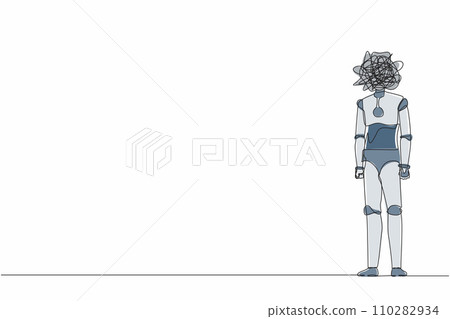 Continuous one line drawing robot with round scribbles instead of head, standing with nervous. Anxiety, confusion in thoughts. Humanoid cybernetic organism. Single line draw design vector illustration 110282934