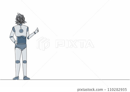Continuous one line drawing robot with round scribbles instead of head, showing thumbs up sign. Deal, like, agree, approve. Robotic artificial intelligence. Single line draw design vector illustration 110282935