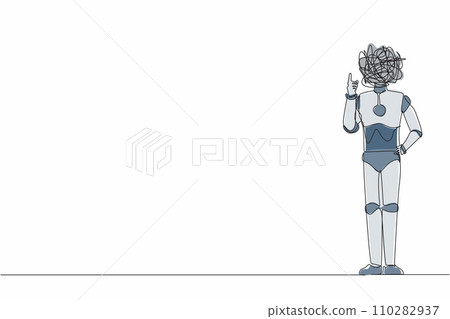 Single continuous line drawing robot with round scribbles instead of head, index finger up gesture. Idea, innovation. Robotic artificial intelligence. One line draw graphic design vector illustration Single continuous line drawing robot with round scribbles instead of head, index finger up gesture. Idea, innovation. Robotic artificial intelligence. One line draw graphic design vector illustration 110282937