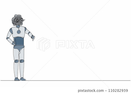 Single continuous line drawing robot with round scribbles instead of head, showing thumbs down sign, dislike, negative expressions. Future technology. One line draw graphic design vector illustration 110282939