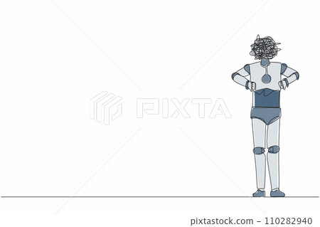 Single one line drawing robot with round scribbles instead of head, standing and showing thumbs down sign. Disagreement, dislike. Humanoid robot cybernetic. Continuous line design vector illustration Single one line drawing robot with round scribbles instead of head, standing and showing thumbs down sign. Disagreement, dislike. Humanoid robot cybernetic. Continuous line design vector illustration 110282940