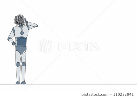 Single continuous line drawing robot with round scribbles instead of head. Doubting robot standing, thinking, unsatisfied serious worrying. Future technology. One line draw design vector illustration Single continuous line drawing robot with round scribbles instead of head. Doubting robot standing, thinking, unsatisfied serious worrying. Future technology. One line draw design vector illustration 110282941