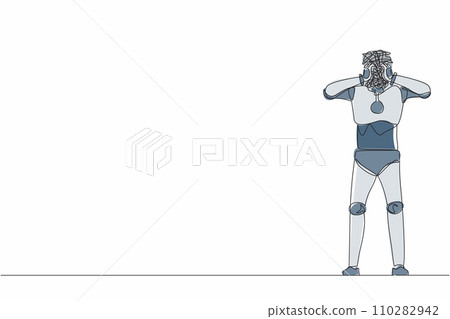 Continuous one line drawing robot with round scribbles instead of head. Confused robot searching answers trouble solution. Robotic artificial intelligence. Single line draw design vector illustration Continuous one line drawing robot with round scribbles instead of head. Confused robot searching answers trouble solution. Robotic artificial intelligence. Single line draw design vector illustration 110282942