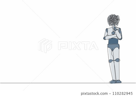 Single one line drawing robot with round scribbles instead of head, standing holding chin, thinking, and finding answer. Humanoid robot cybernetic organism. Continuous line design vector illustration Single one line drawing robot with round scribbles instead of head, standing holding chin, thinking, and finding answer. Humanoid robot cybernetic organism. Continuous line design vector illustration 110282945