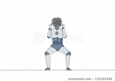 Single continuous line drawing robot with round scribbles instead of head. Angry robot raised fist. Expresses negative emotion, desperately. Future technology. One line draw design vector illustration Single continuous line drawing robot with round scribbles instead of head. Angry robot raised fist. Expresses negative emotion, desperately. Future technology. One line draw design vector illustration 110282946