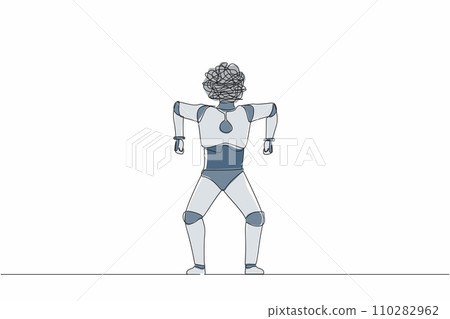 Single continuous line drawing robot with round scribbles instead of head. Emotional robot in rage. Feeling anger. Future technology. Artificial intelligence. One line draw design vector illustration 110282962