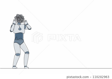 Single continuous line drawing robot with round scribbles instead of head. Robot shocked gesture with palm hands, shouting. Technology artificial intelligence. One line draw design vector illustration 110282963