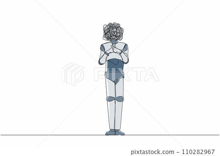 Single one line drawing robot with round scribbles instead of head, standing with crossing fingers forming x. Banned. Say no. Humanoid robot cybernetic. Continuous line draw design vector illustration Single one line drawing robot with round scribbles instead of head, standing with crossing fingers forming x. Banned. Say no. Humanoid robot cybernetic. Continuous line draw design vector illustration 110282967