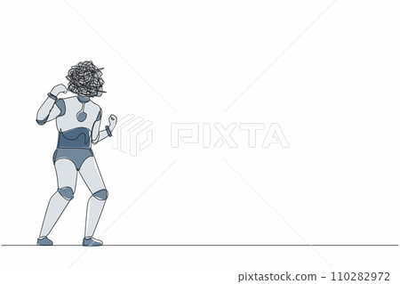 Single continuous line drawing robot with round scribbles instead of head. Angry annoyed robot with clenched fists. Aggressive mood. Future technology. One line draw graphic design vector illustration 110282972