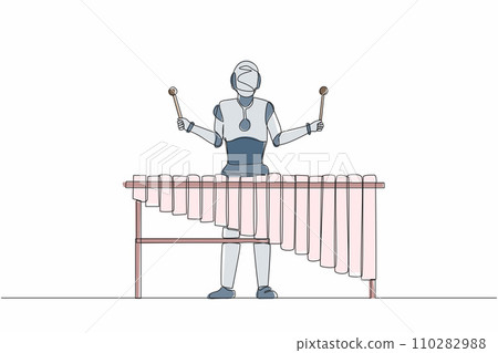Single continuous line drawing robot percussion player play marimba at music folk festival. Robotic artificial intelligence. Electronic technology industry. One line draw design vector illustration 110282988